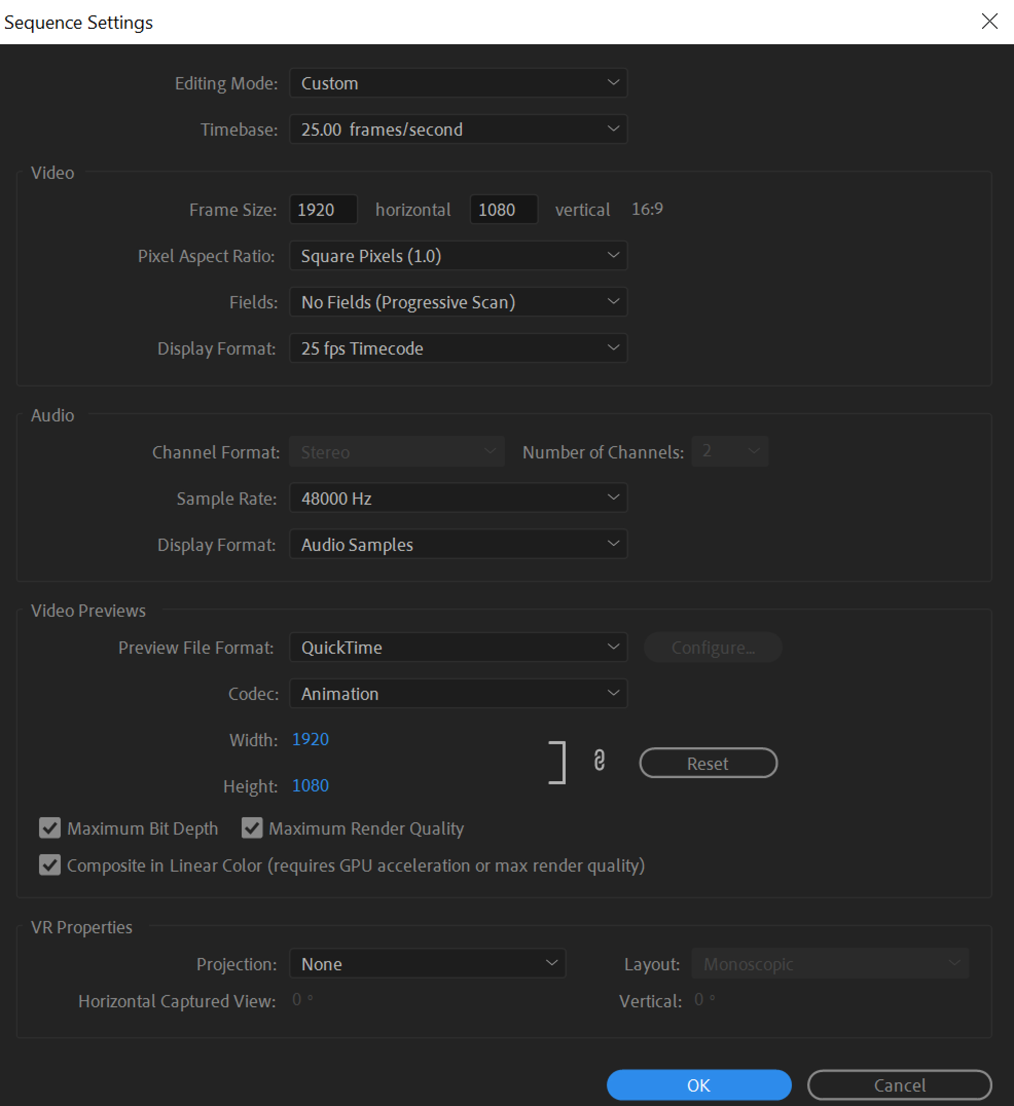 adobe premiere sequence settings